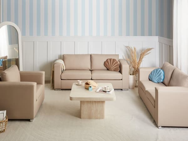 Sofagruppe Beige Spaltskinn Imitert skinn 3-seter 2-seter Lenestol Ben i krom Retro design Stue