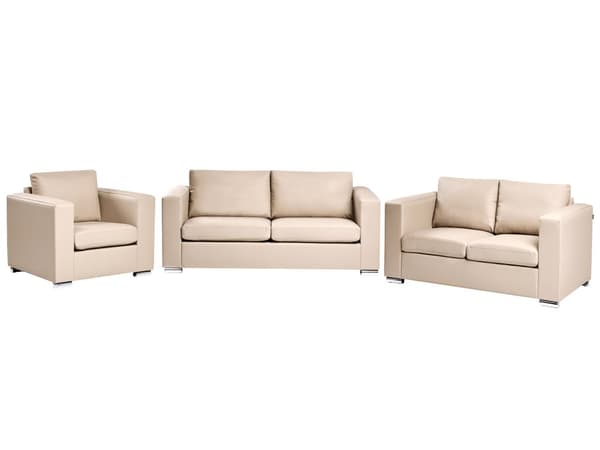 Sofagruppe Beige Spaltskinn Imitert skinn 3-seter 2-seter Lenestol Ben i krom Retro design Stue