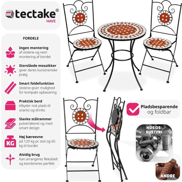 Cafésæt med mosaik, 2 stole + bord Ø 60 cm - brun