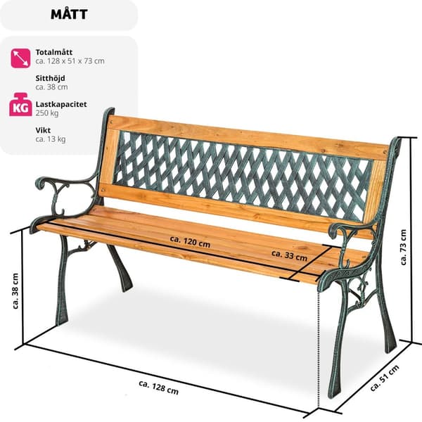 Trädgårdsbänk Tamara 2-sits av trä och gjutjärn 128x51x73cm - brun