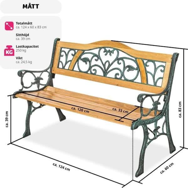 Trädgårdsbänk Kathi 2-sits av trä och gjutjärn 124x60x83cm - brun