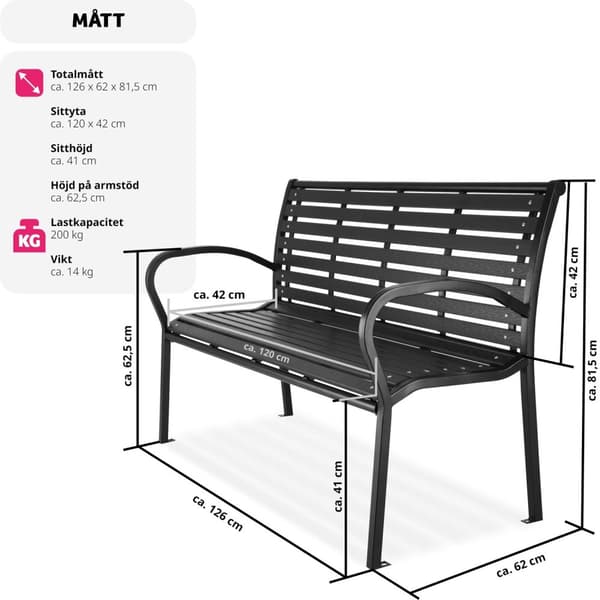 Trädgårdsbänk Pino 3-sits 126x62x81,5cm - svart