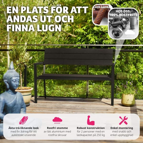 Trädgårdsbänk Line 2-sits med aluminiumram 128x59x88cm - mörkgrå