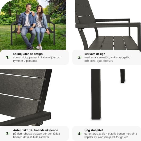 Trädgårdsbänk Line 2-sits med aluminiumram 128x59x88cm - mörkgrå