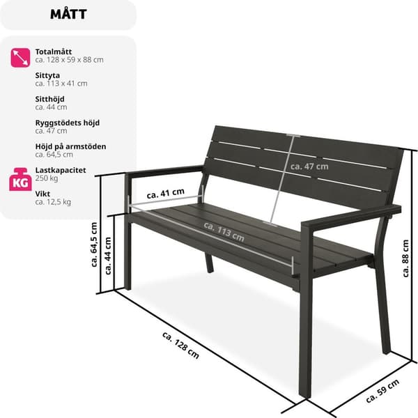 Trädgårdsbänk Line 2-sits med aluminiumram 128x59x88cm - mörkgrå