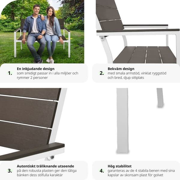 Trädgårdsbänk Line 2-sits med aluminiumram 128x59x88cm - ljusgrå/vit