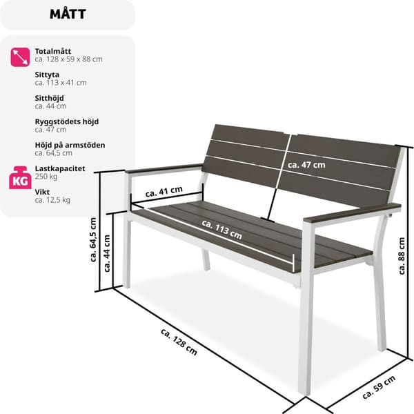Trädgårdsbänk Line 2-sits med aluminiumram 128x59x88cm - ljusgrå/vit