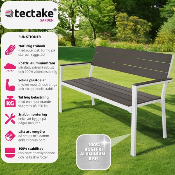 Trädgårdsbänk Line 2-sits med aluminiumram 128x59x88cm - ljusgrå/vit