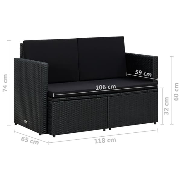 vidaXL 2-personers havesofa med hynder polyrattan sort