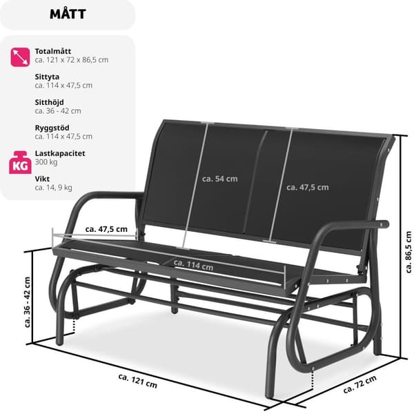 Gungbänk Greta 2-sits 121x72x86,5cm - svart