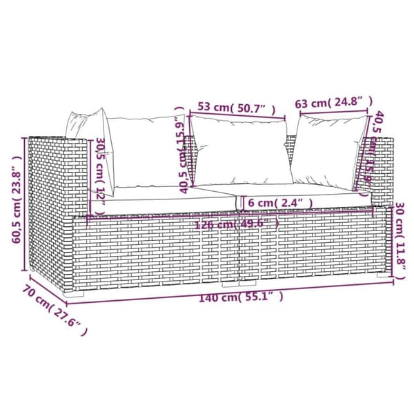 vidaXL 2-personers sofa med hynder polyrattan sort