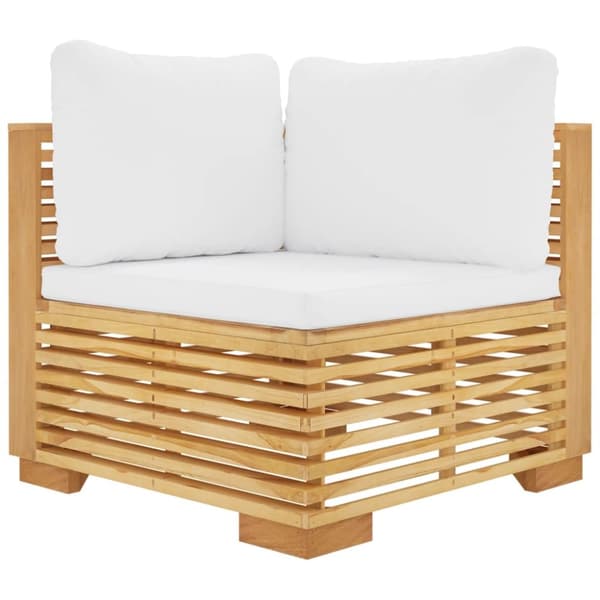 hjørnemodul til havesofa med cremefarvede hynder massivt teak