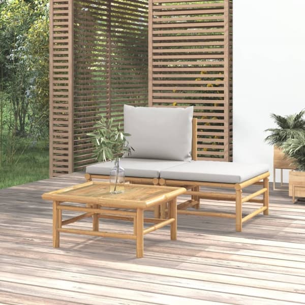 Loungegrupp för trädgården 3 delar ljusgråa dynor bambu