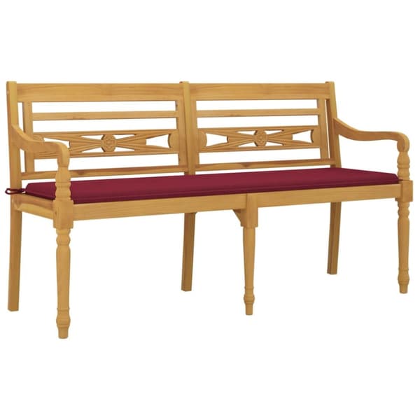 Bataviabänk med vinröd dyna 150 cm massiv teak