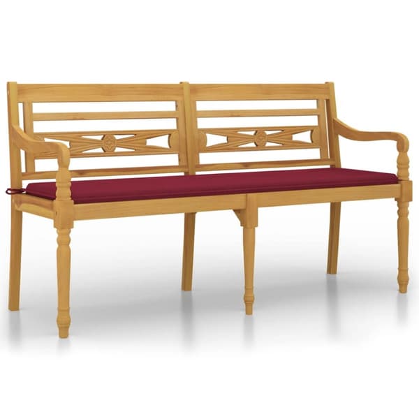 Bataviabänk med vinröd dyna 150 cm massiv teak
