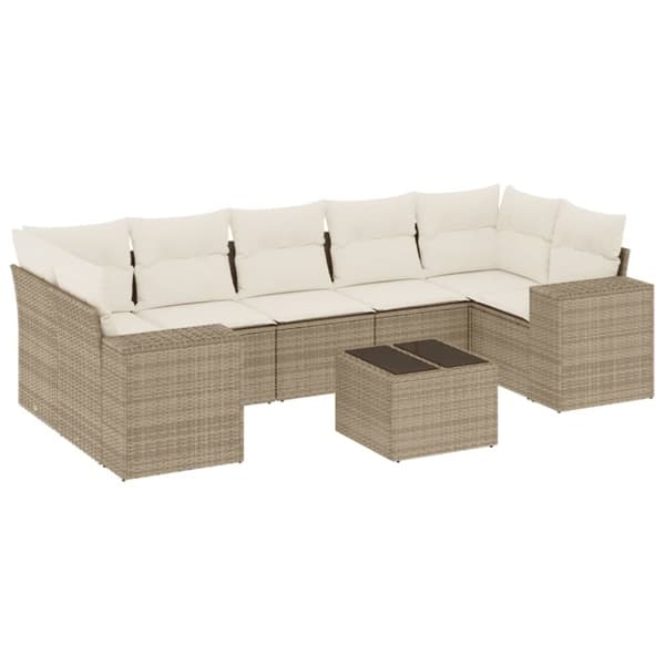 Matgrupp för trädgården med dynor 8 delar beige konstrotting