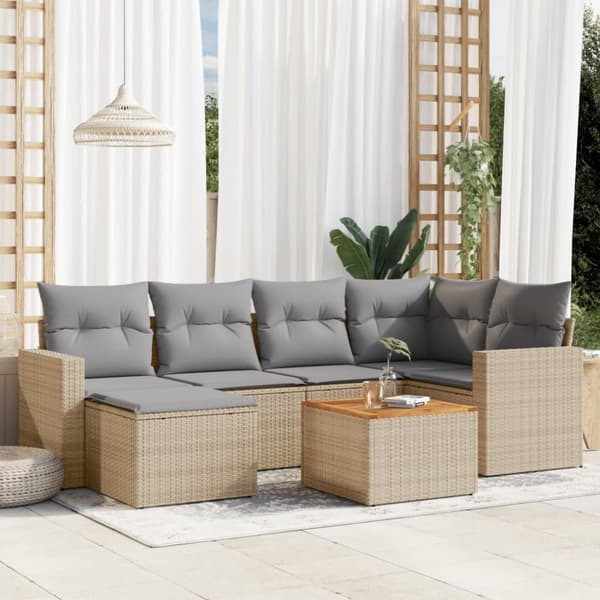 Matgrupp för trädgården med dynor 7 delar beige konstrotting