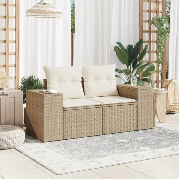 Puutarhasohva tyynyillä, 2-istuttava, beige, polyrottinki
