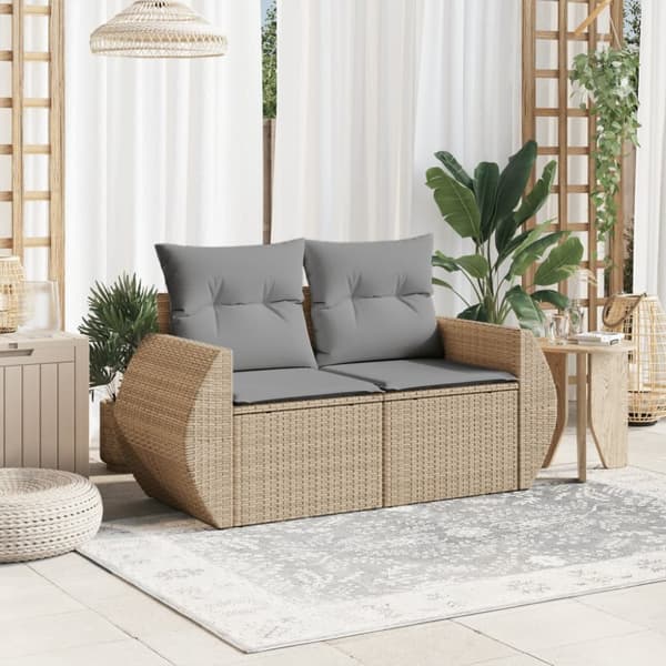 Puutarhasohva tyynyillä, 2-istuttava, beige, polyrottinki