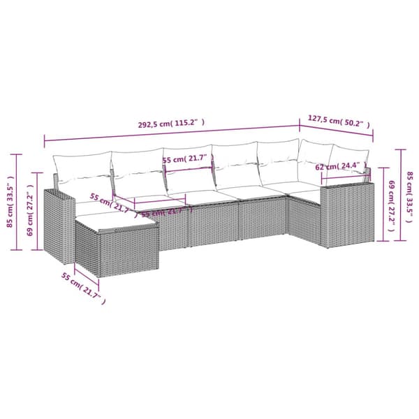 7-osainen puutarhaloungesetti, tyynyillä, ruskea