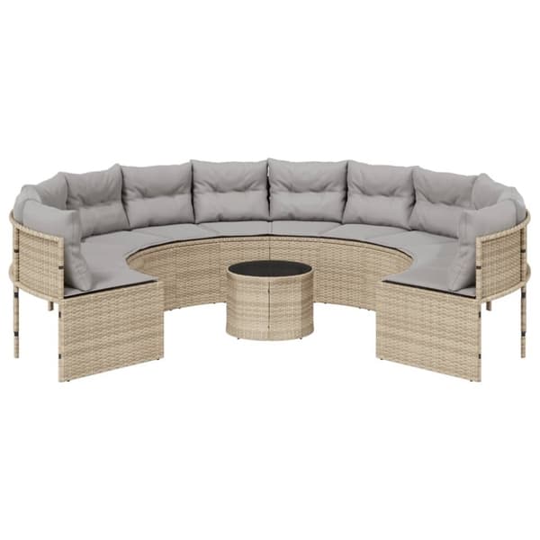 havesofa med bord og hynder rund polyrattan beige