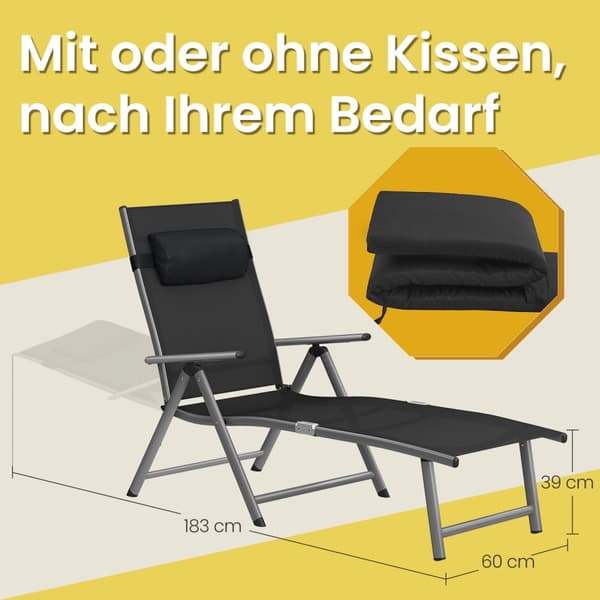 Sammenklappelig solseng, SONGMICS, 183x60x39 cm, Sort