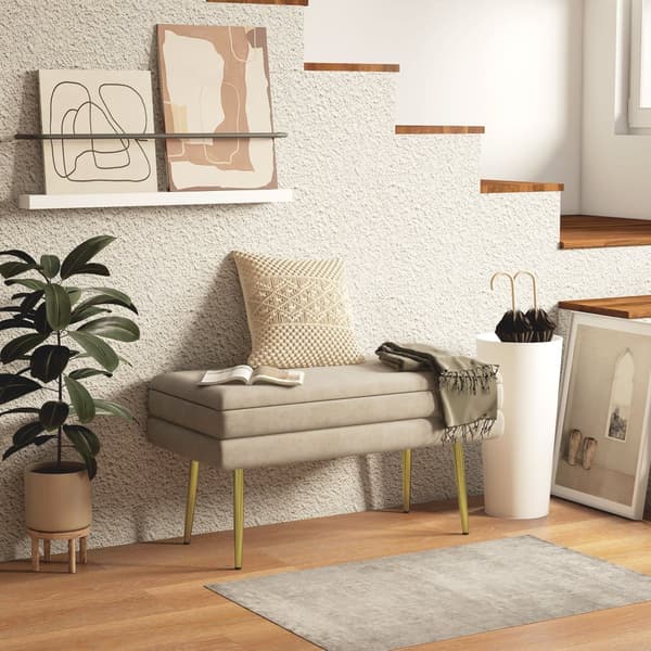 Polstret Bænk med Opbevaring, 79.5x37.5x43 cm, Beige