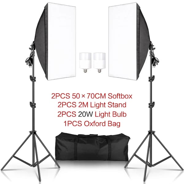 Fotografi Softbox Belysningskit, 50x70CM Softbokse, 2M Lystativer,20W LED-pærer