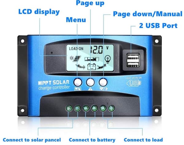 Solcellsregulator MPPT 40A, för solpaneler och strömföring, 2xUSB, urladdningsskydd
