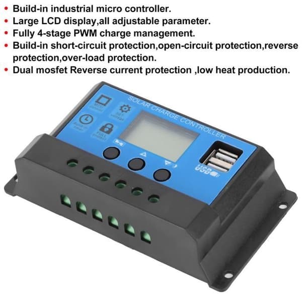 Cuque Solar Controller 30A 30A LCD Solar Charge Controller Automatisk identifiering 12V 24V Fullständig PWM-kontroll