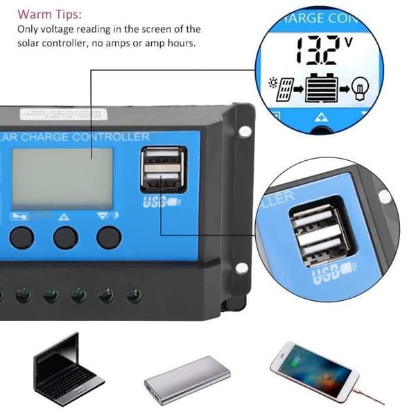 Cikonielf Solar Controller 30A 30A LCD Solar Charge Controller Auto Identifiering 12V 24V PWM Control