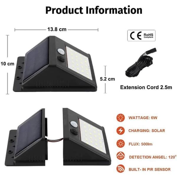 RUMOCOVO®Outdoor Solar Lights, 30 LED, vattentät, med säkerhets PIR-rörelsesensor, 3 ljuslägen-6w-2PCS