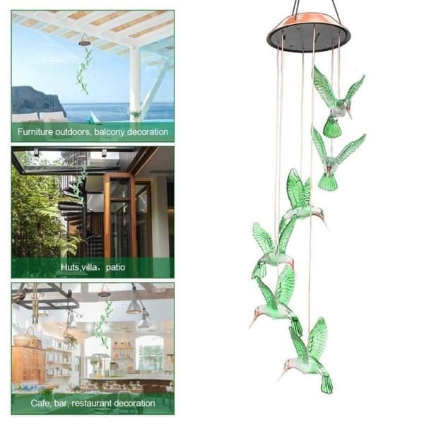 Solar Wind Chime Hummingbirds LED-ljusfärgskiftande Sollampa Fågelfluga för trädgårdsuteplats Mobil veranda