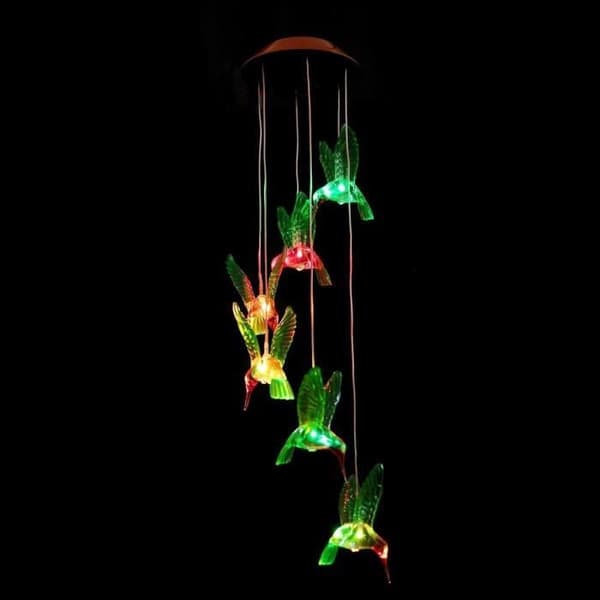 Solar Wind Chime Hummingbirds LED-ljusfärgskiftande Sollampa Fågelfluga för trädgårdsuteplats Mobil veranda