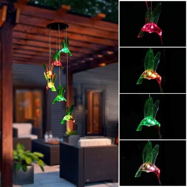 Solar Wind Chime Hummingbirds LED-ljusfärgskiftande Sollampa Fågelfluga för trädgårdsuteplats Mobil veranda