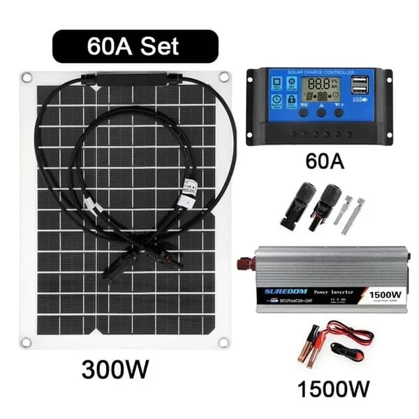 Solenergisystem kit, batterioplader, 300W solpanel, 60A S�t