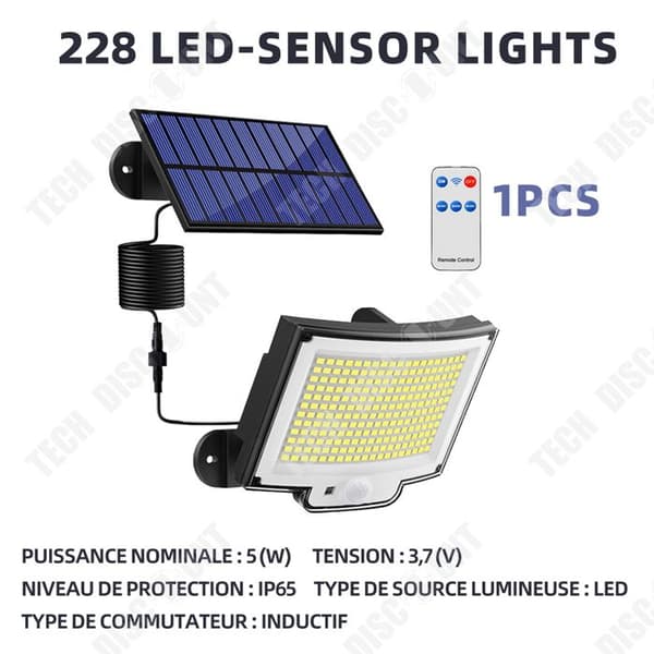 TD Utomhussollampa med rörelsedetektor 228 LED 3 lägen med fjärrkontroll, IP65 LED vattentätning med 5 meter kabel