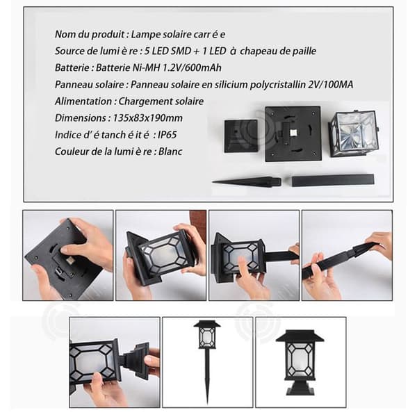 INN Solar Light Column Solar Lamp Utomhuslampa 6LED 1,2V 600mah Nickelmetallhydridbatteri 135x83x190mm Vitt ljus