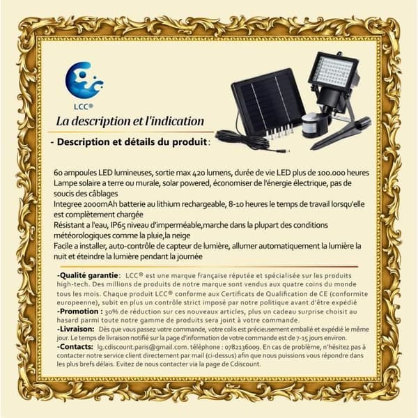 LCC® Utomhussolarlampa med 60 lysdioder - HÖGTEKNISK &amp; VÄLBEfinnande - Svart - 420 lumen - Integrerat batteri