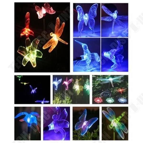 Set med 3 Solar Lampa Utomhus Trädgård Dekorativ Planteringsmaskin Hög Balkong Belysning Flerfärgad LED Fjäril Fågel Dragonfly