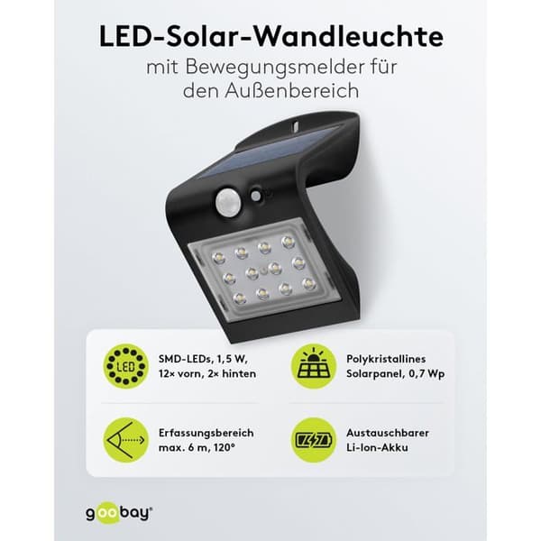 GOOBAY - LED Solar Vägglampa med rörelsesensor - PVC-glas - 1,5W - Svart