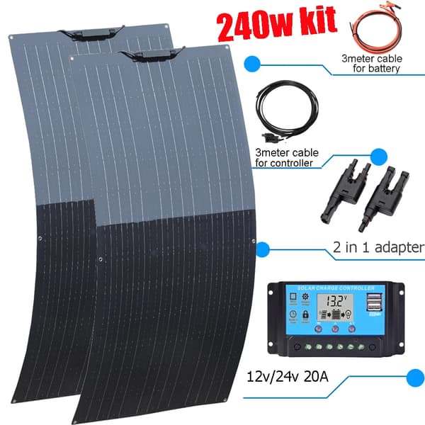 Fleksibelt Solpanel Kit, 240W Dobbelt Panel System, Smart Ladecontroller,240w 12v 24v 20A KIT