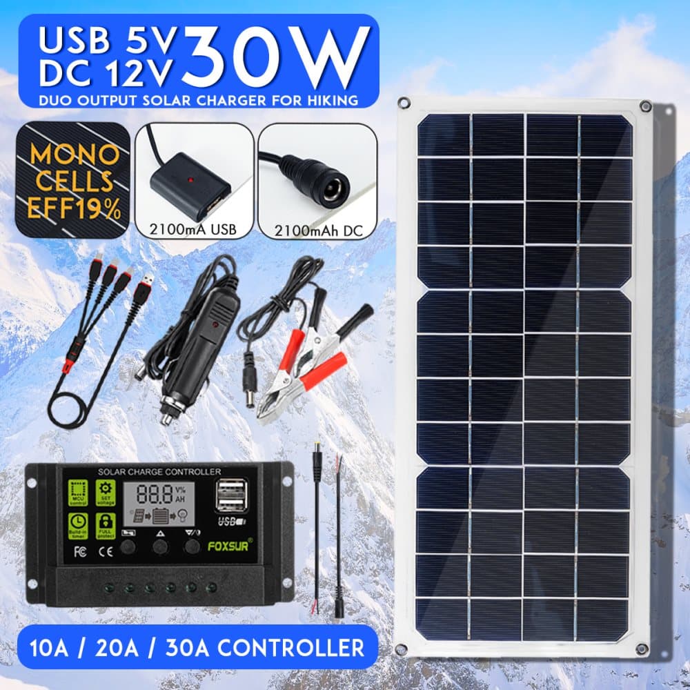 30W Solar Panel 12V Monokristallin USB Power Portable Outdoor Solar Cell Cell Car Ship Camping Hiking Travel Phone Charger