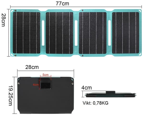 Bärbar Solcellspanel 28w monokristallin, utfällbar, USB-C, USB-A, DC12V