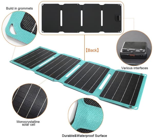 Bärbar Solcellspanel 28w monokristallin, utfällbar, USB-C, USB-A, DC12V