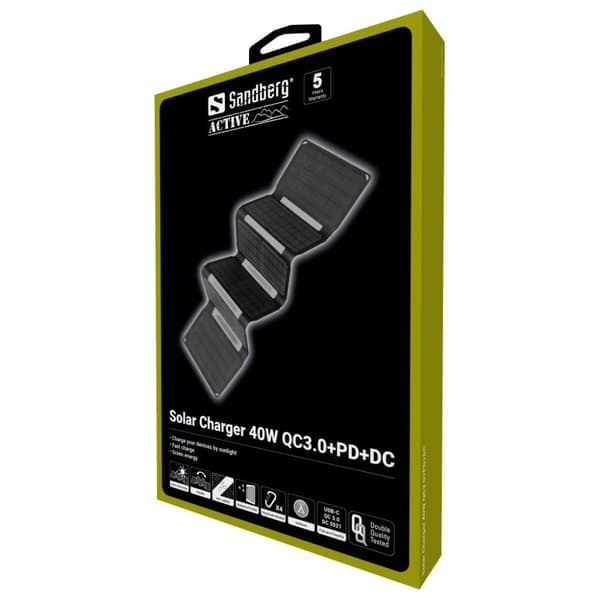 Sandberg - Solladdare - 40 Watt - QC 3.0 - 3 utgångsportar (USB, DC-kontakt 5,5 x 2,1 mm, USB-C) - till kabel: USB, USB-C, DC-kontakt 5,5 mm (innerdia