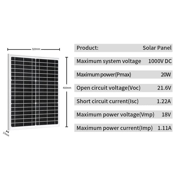 Mono Solcellepanel, 10W, 18V, 20W