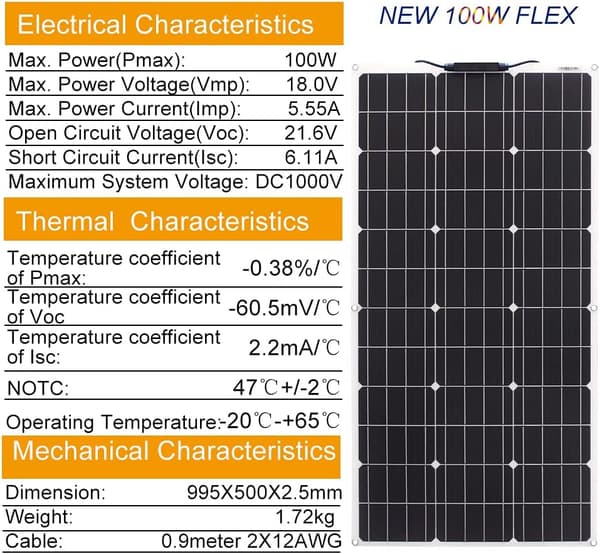 RiteAV - 100W flexibla solceller, bärbara solceller, högeffektiva solmoduler är lämpliga för utomhus