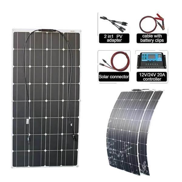 Fleksibelt solcellepanel, 100w & 200w muligheder, inkluderer solregulator kabel., 2 stk 100W 200w solar system