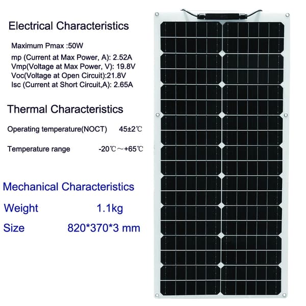 Solpanel, 50W Effektudgang, Højeffektiv Monokrystallinsk PV Modul, 100W solcellesæt